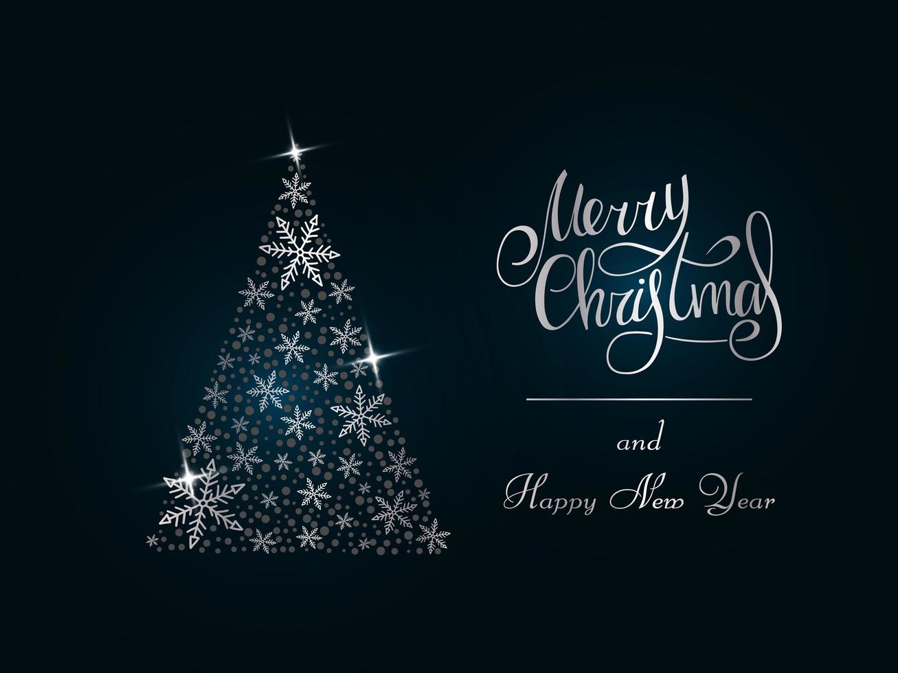 Handwritten silver lettering on a dark blue background. Magic silver Christmas tree of snowflakes. Merry Christmas and Happy New Year 2022. vector