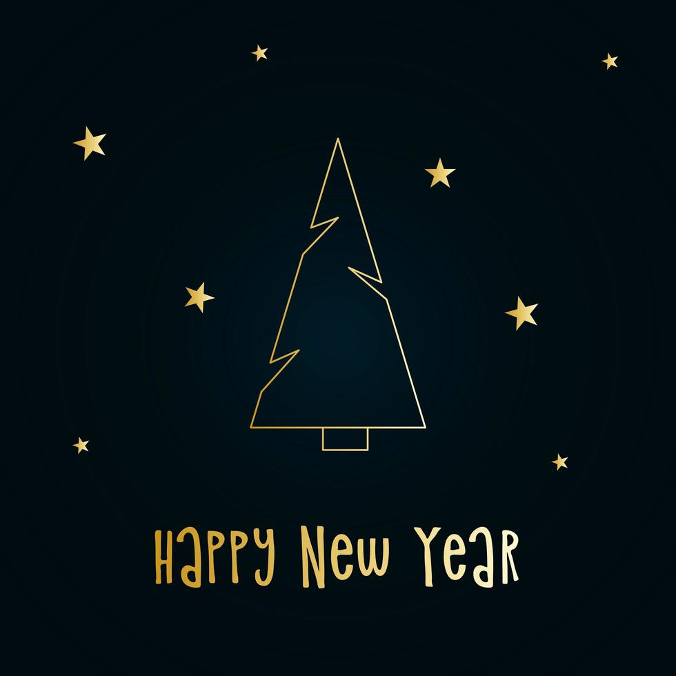 Golden silhouette of a Christmas tree with snow and stars on a dark blue background. Merry Christmas and Happy New Year 2022. Vector illustration.