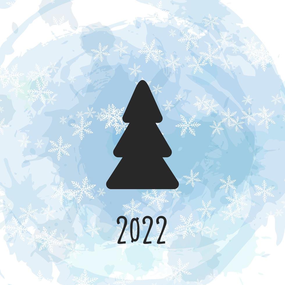 Black silhouette of a Christmas tree on watercolor background with snowflakes. Merry Christmas and Happy New Year 2022. Vector illustration.