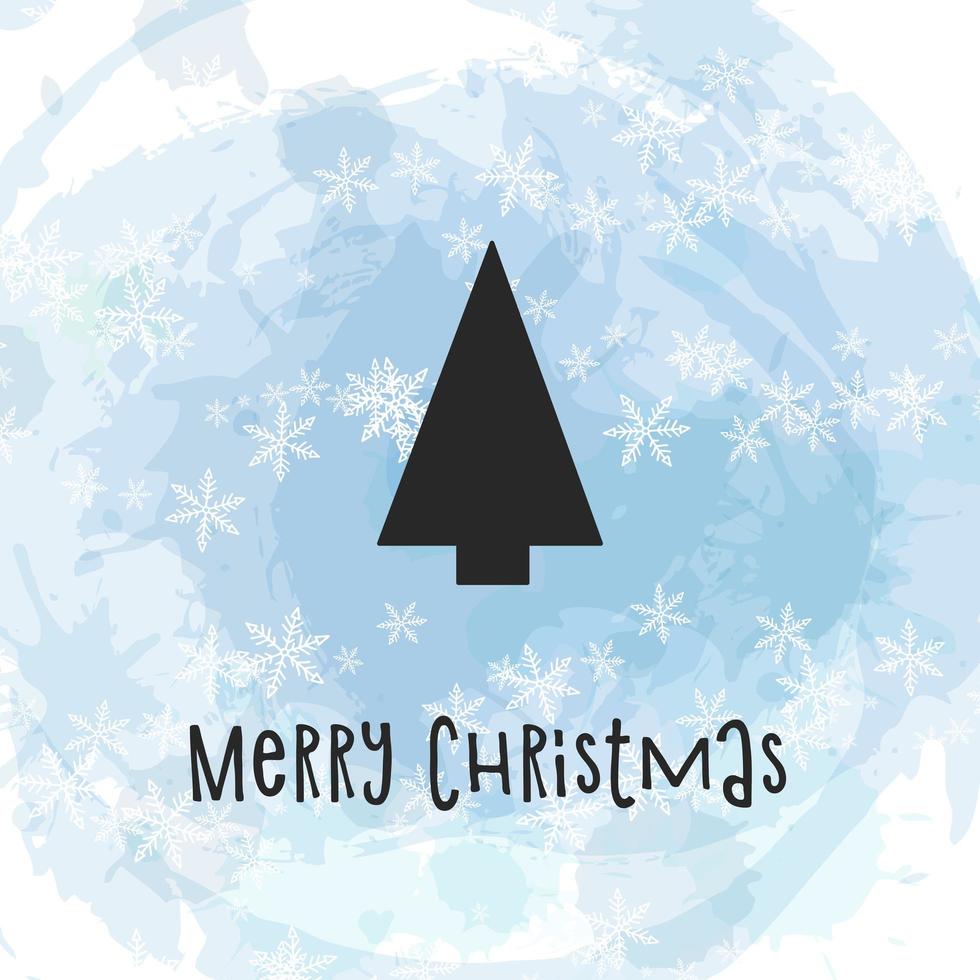 Black silhouette of a Christmas tree on watercolor background with snowflakes. Merry Christmas and Happy New Year 2022. Vector illustration.