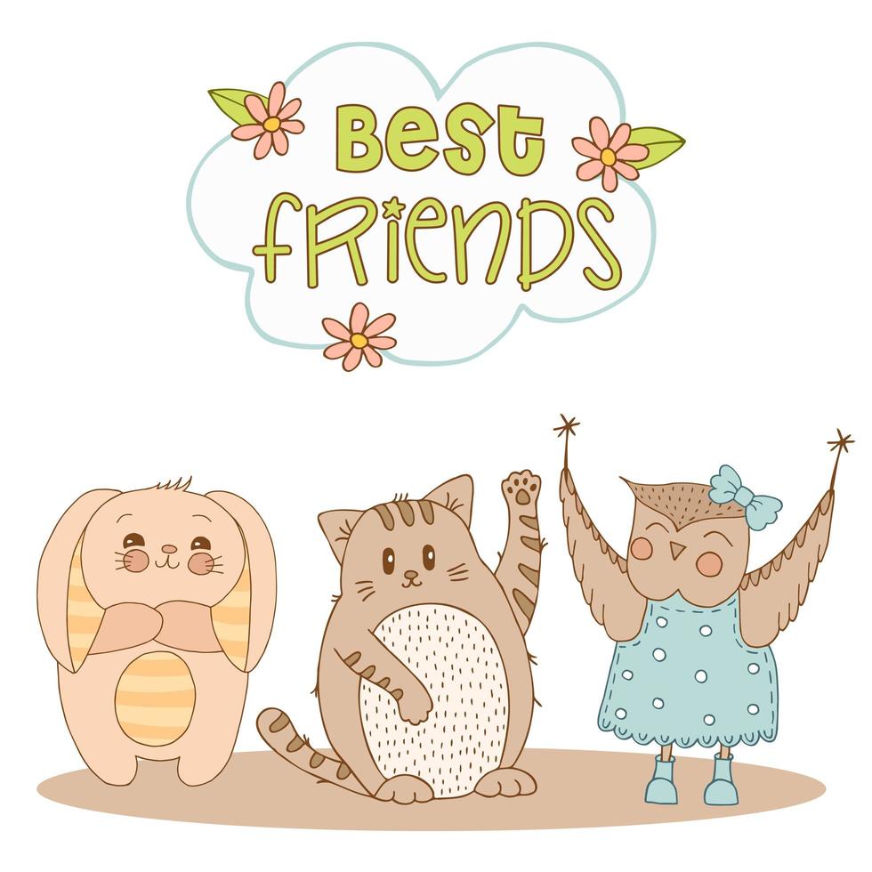 Hand drawn cute animals with lettering. Cat, Bunny with striped ears and a belly, Owl in a blue dress with polka dots and boots, flower and leaves. Best Friends. Vector. vector