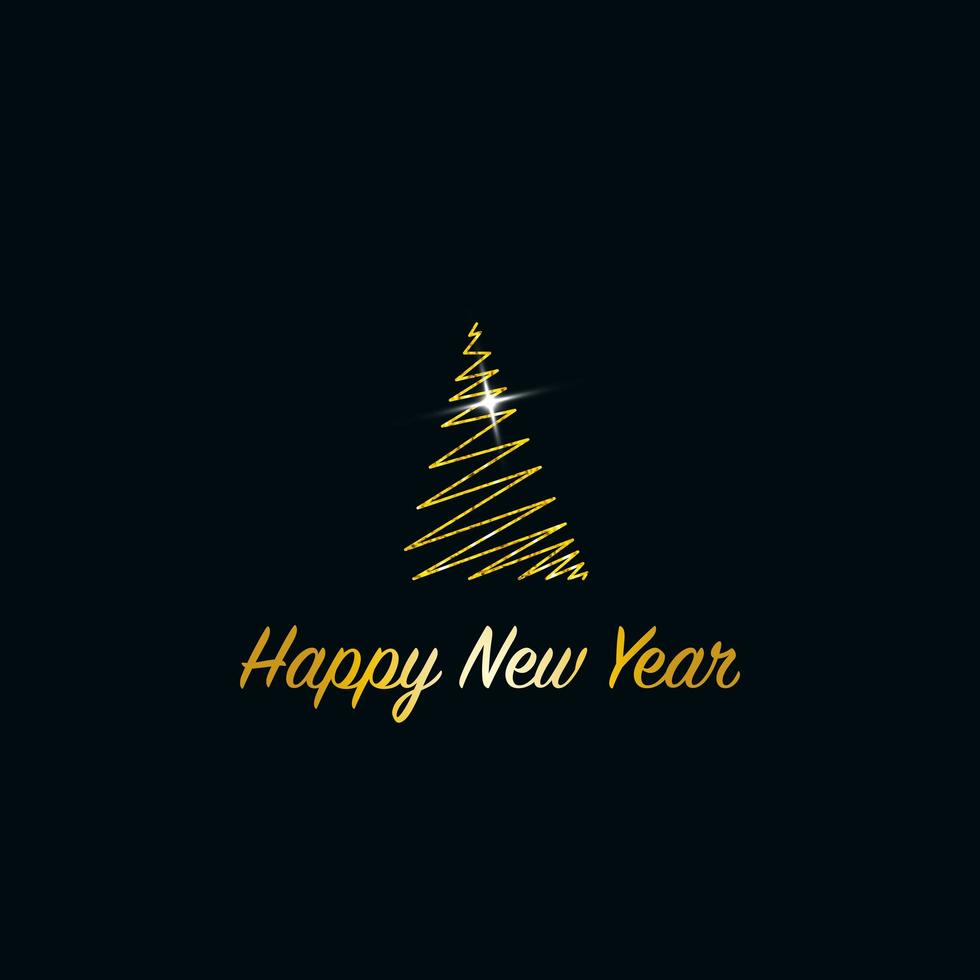 Sparkling Christmas Tree. Golden Metallic glitter icon on a dark blue background. Merry Christmas and Happy New Year 2022. Vector illustration.