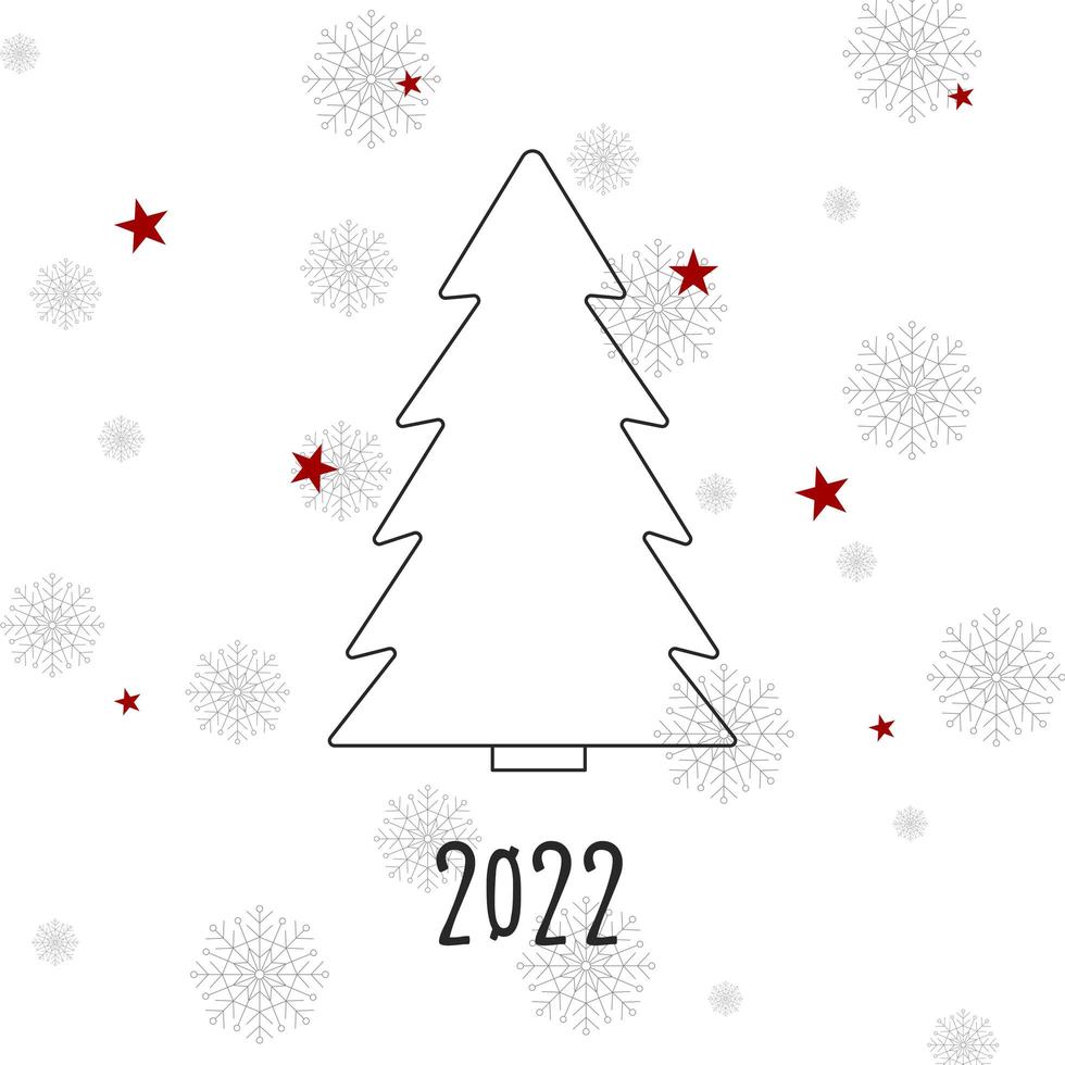 Black silhouette of a Christmas tree with gray snowflakes and red stars. Merry Christmas and Happy New Year 2022. Vector illustration.
