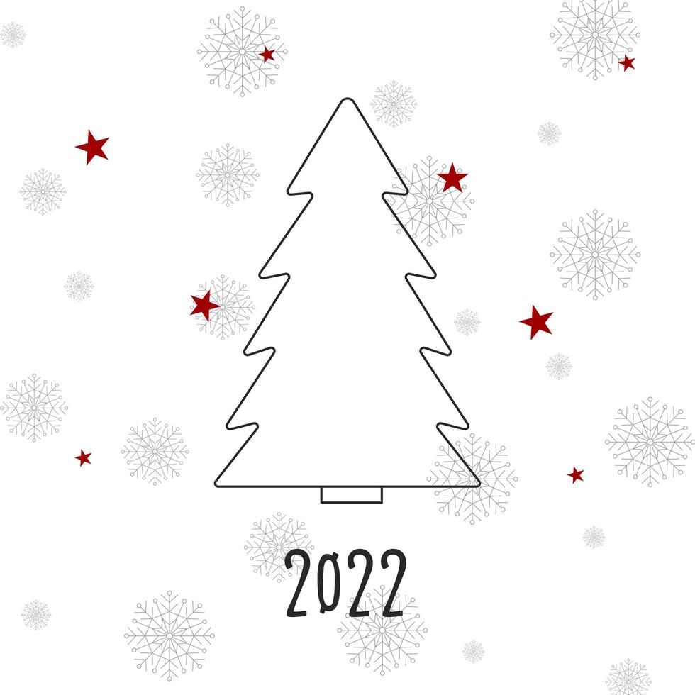 silueta negra de un árbol de navidad con copos de nieve grises y estrellas rojas. feliz navidad y próspero año nuevo 2022. ilustración vectorial. vector