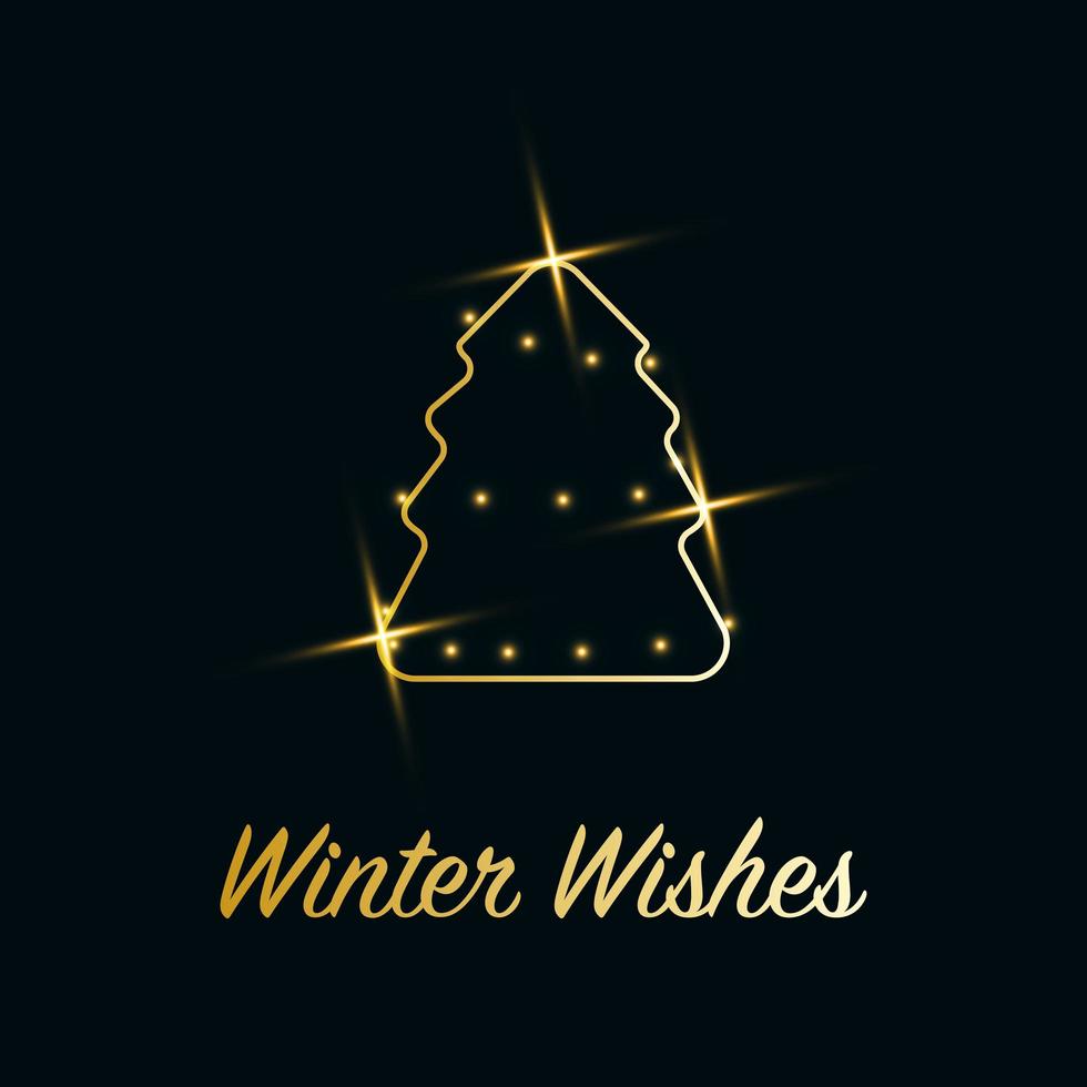 Sparkling Christmas Tree with shiny dust. Golden metallic outline icon on a dark blue background. Merry Christmas and Happy New Year 2022. Golden Metallic. Vector illustration. Winter Wishes.