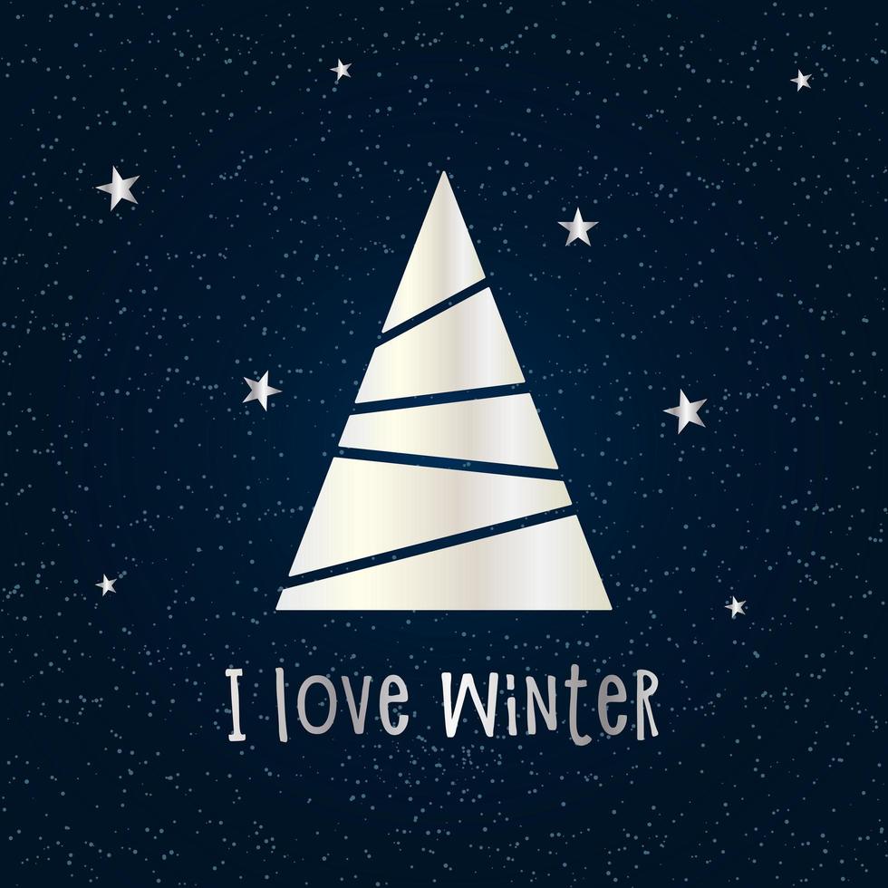 silueta plateada de un árbol de Navidad con nieve y estrellas sobre un fondo azul oscuro. feliz navidad y próspero año nuevo 2022. ilustración vectorial. me encanta el invierno. vector