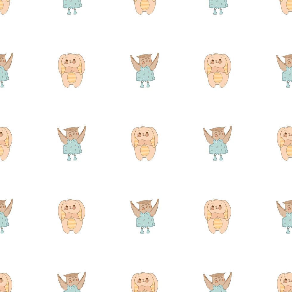 Hand drawn cute animals. Seamless pattern. Bunny with striped ears and a belly, Owl in a blue dress with polka dots and boots. Best Friends. White background. Vector. vector