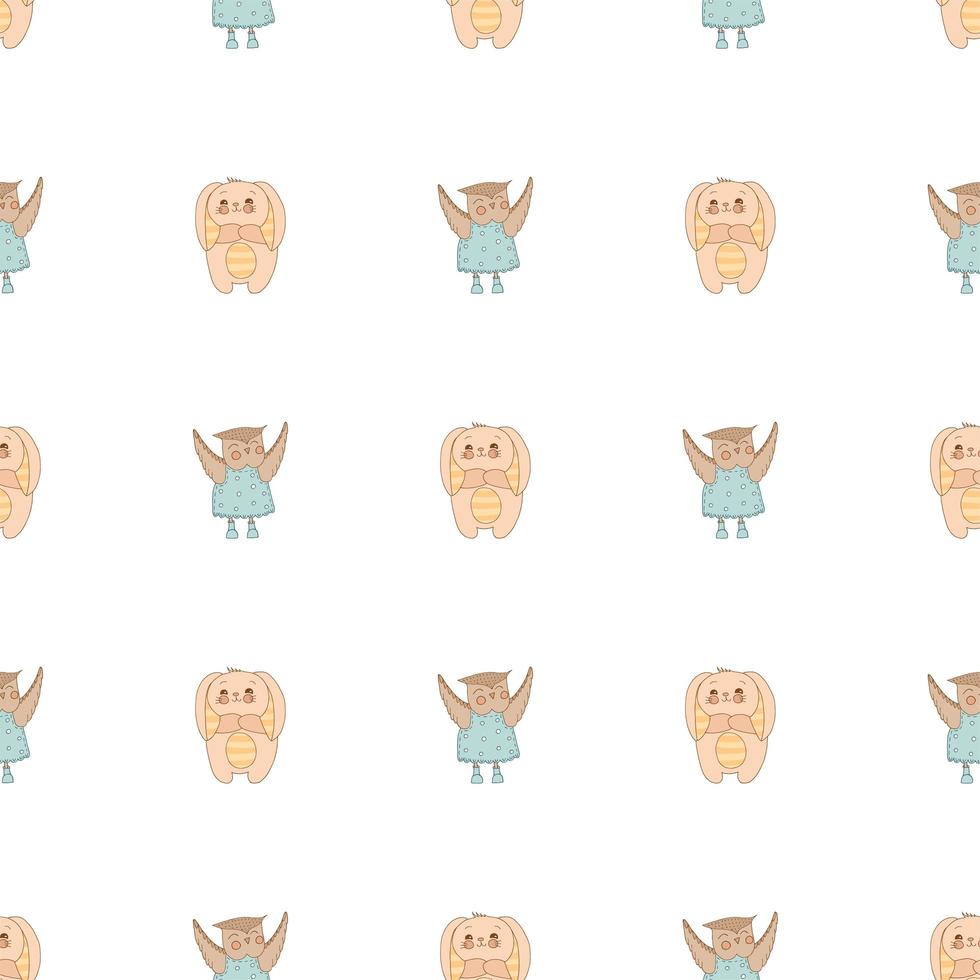 Hand drawn cute animals. Seamless pattern. Bunny with striped ears and a belly, Owl in a blue dress with polka dots and boots. Best Friends. White background. Vector. vector