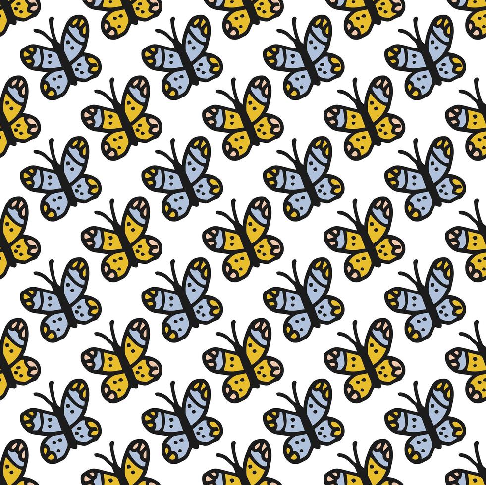Seamless pattern. Doodle style hand drawn. Nature elements. Yellow and blue butterflies on a white background. vector
