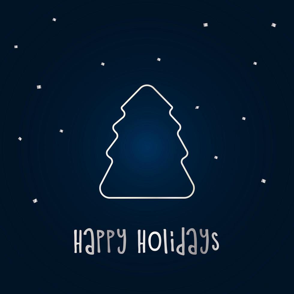 Silver silhouette of a Christmas tree with snow on a dark blue background. Merry Christmas and Happy New Year 2022. Vector illustration. Happy Holiday.