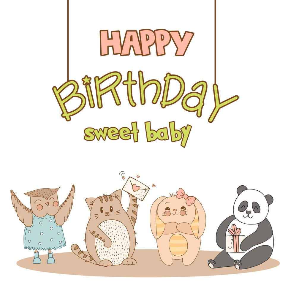 Hand drawn cute animals with lettering. Cat, Panda, Bunny with striped ears and a belly, Owl in a blue dress with polka dots and boots, gift envelope with heart. Best Friends. Happy Birthday. Vector. vector