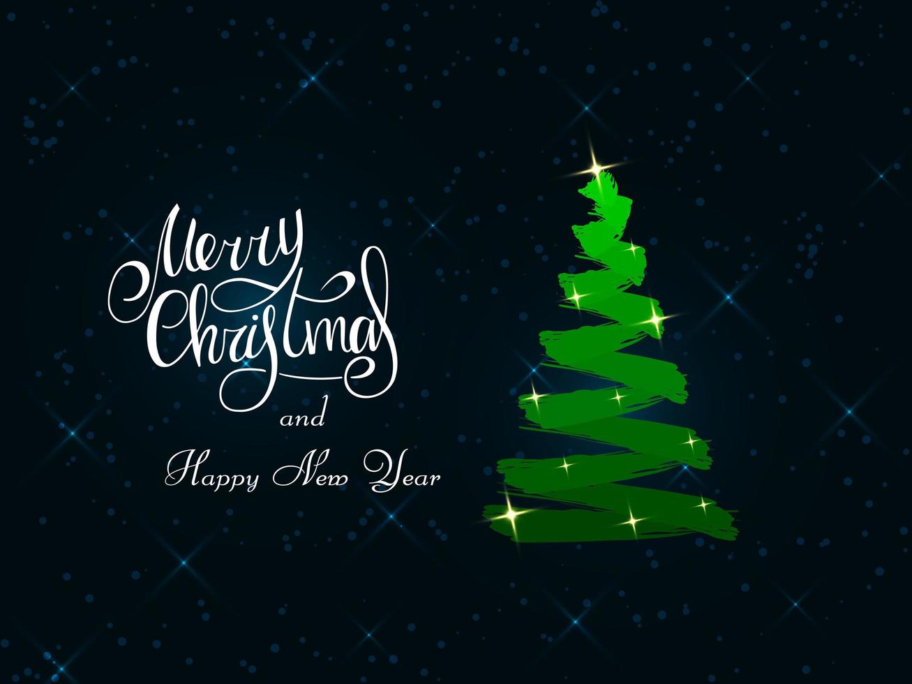Handwritten white lettering on a dark blue background. Magic white Christmas tree made of brush strokes with sparcles stars. Merry Christmas and Happy New Year 2022. vector