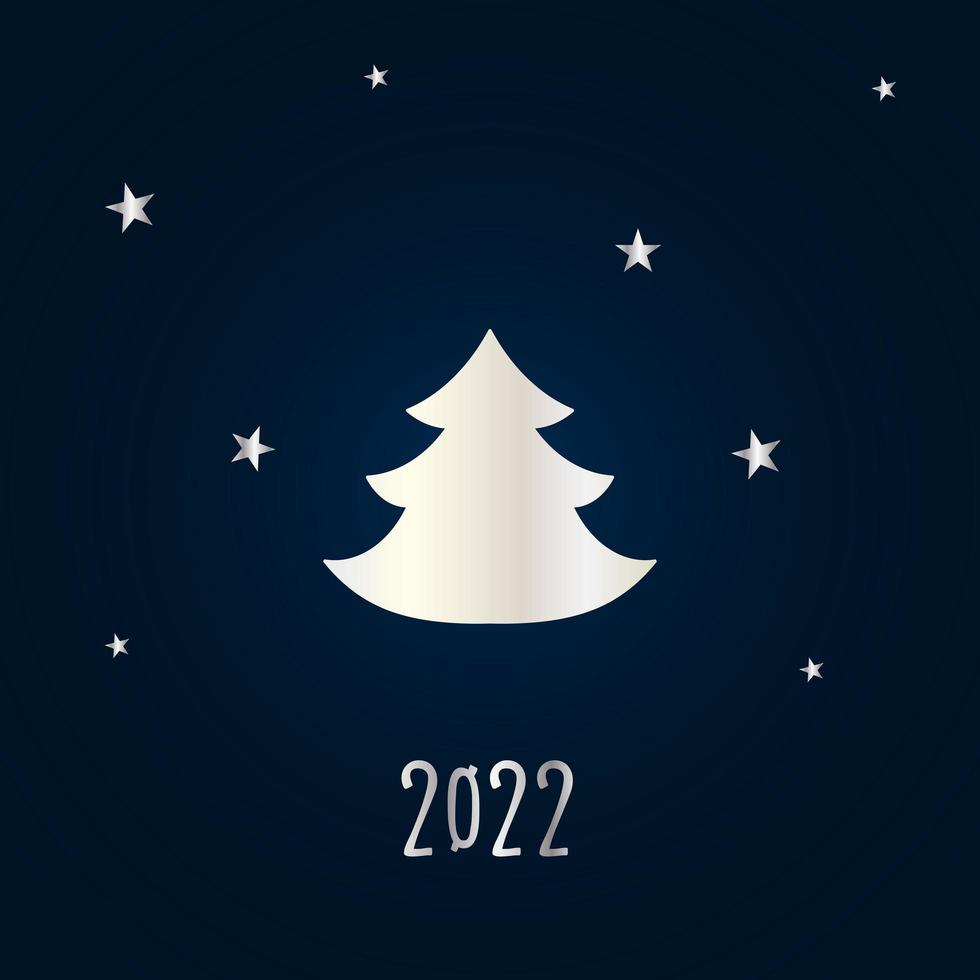 Silver silhouette of a Christmas tree with stars on a dark blue background. Merry Christmas and Happy New Year 2022. Vector illustration.