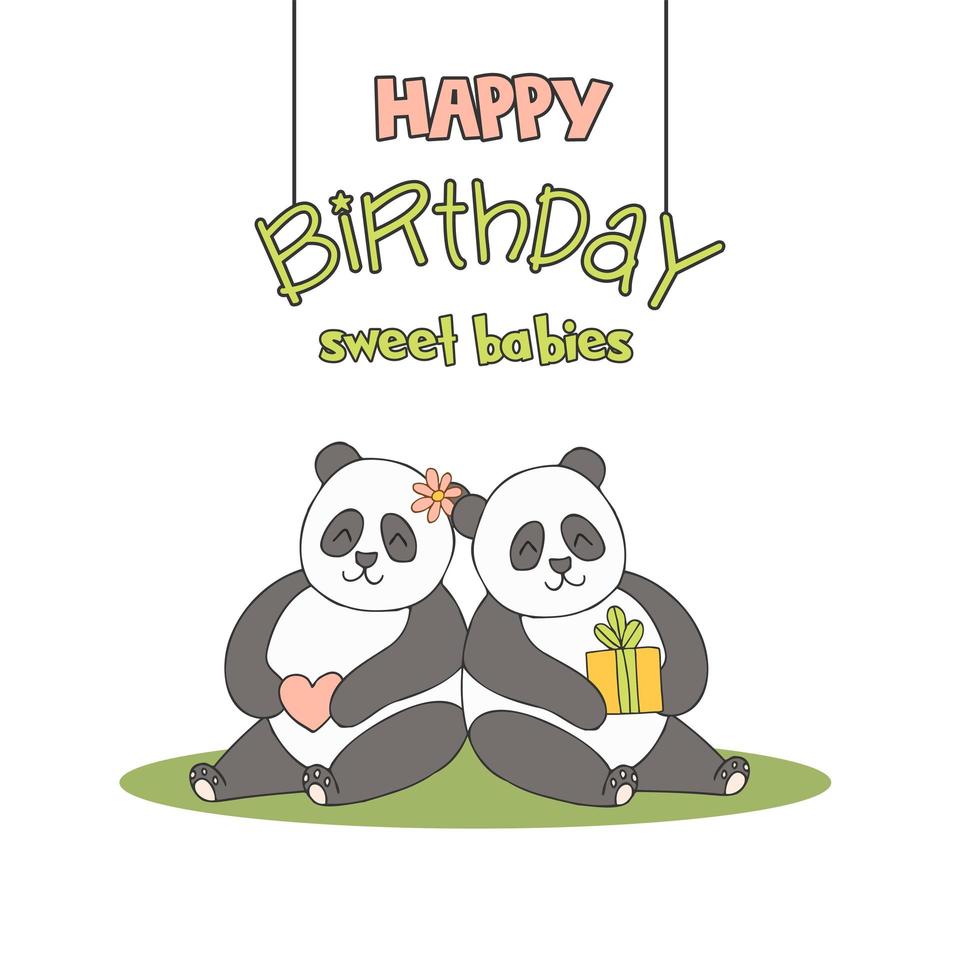 animales lindos dibujados a mano con letras. gemelos panda con regalo, corazón, flores y hojas. mejores amigos. feliz cumpleaños. Fondo blanco. vector. vector