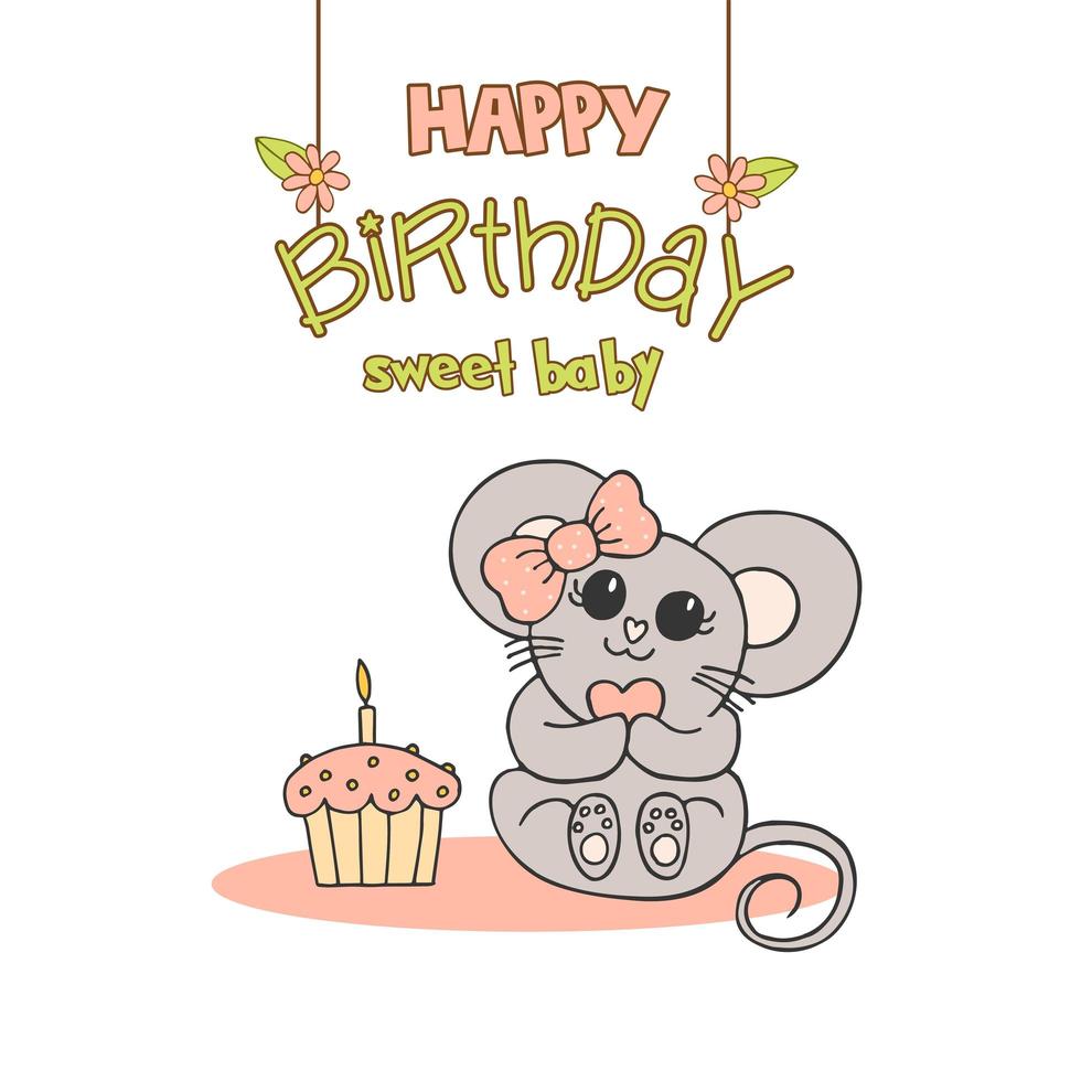 Hand drawn cute animals with lettering. A mouse with a pink bow and a heart. Cupcake with candle, flower and leaves. Happy Birthday. White background. Vector. vector
