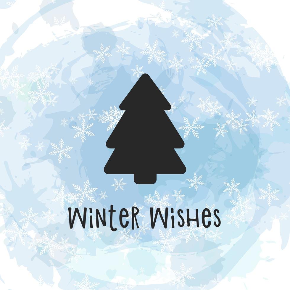 Black silhouette of a Christmas tree on watercolor background with snowflakes. Merry Christmas and Happy New Year 2022. Vector illustration. Winter Wishes.