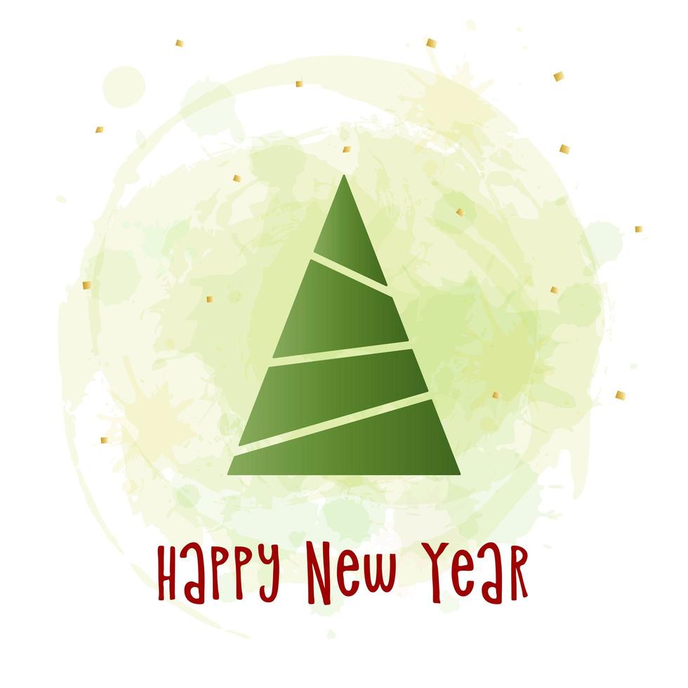 Green silhouette of a Christmas tree with golden snow on a watercolor background. Merry Christmas and Happy New Year 2022. Vector illustration.