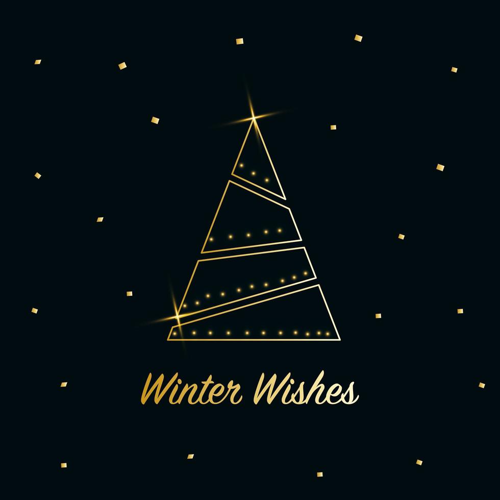 Sparkling Christmas Tree with shiny dust. Golden metallic outline icon on a dark blue background. Merry Christmas and Happy New Year 2022. Golden Metallic. Vector illustration. Winter Wishes.