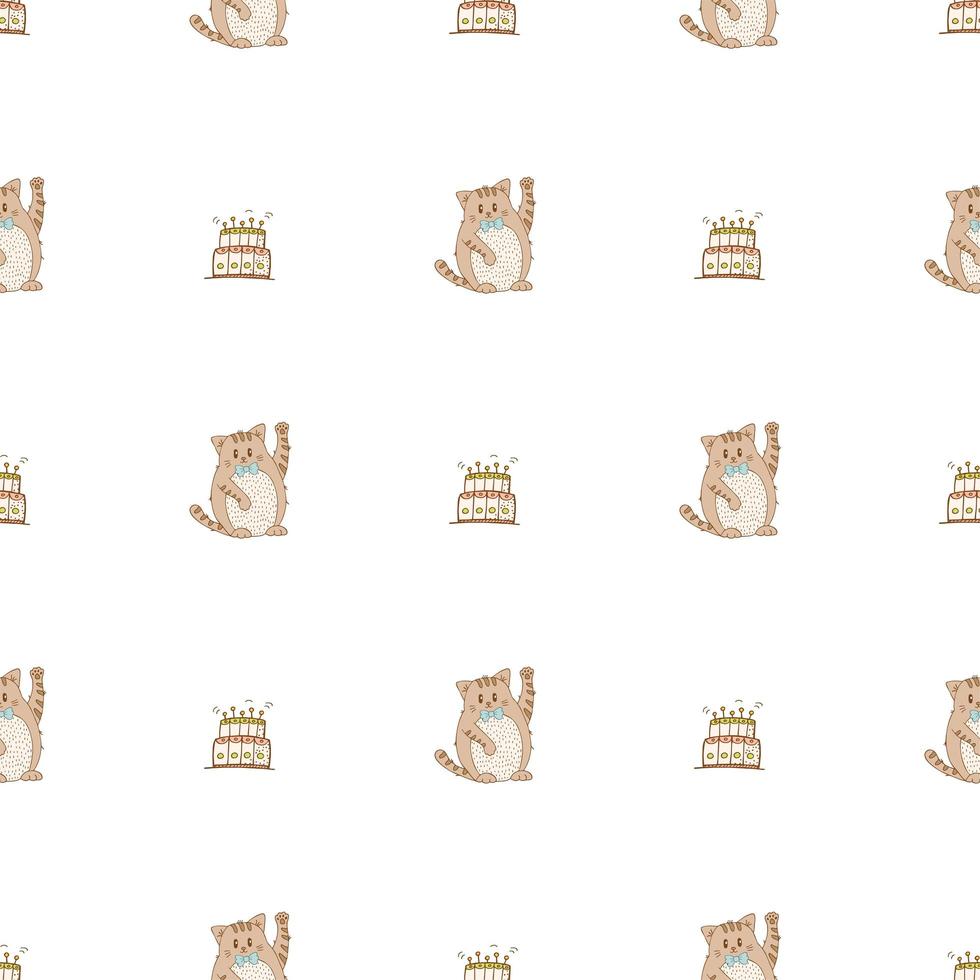 Hand drawn cute animals. Seamless pattern. Cat with cake with candles. White background. Vector. vector
