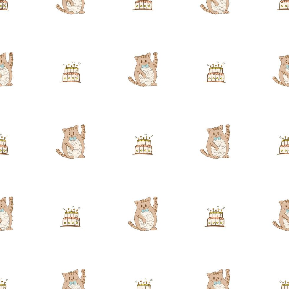 Hand drawn cute animals. Seamless pattern. Cat with cake with candles. White background. Vector. vector