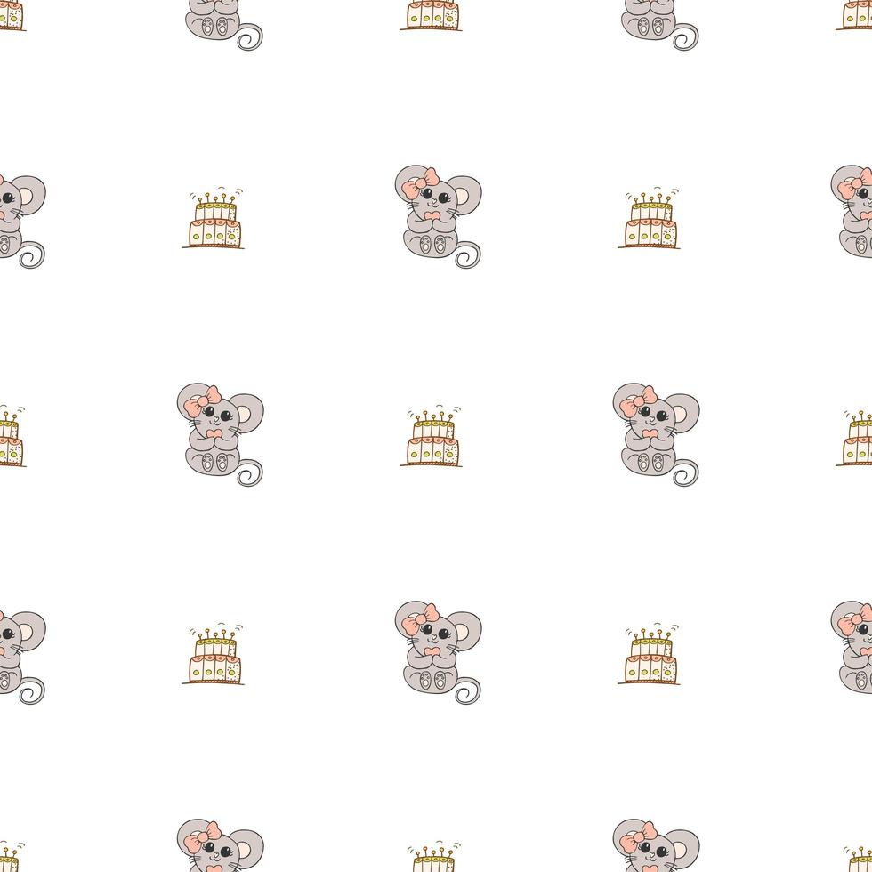 Hand drawn cute animals. Seamless pattern. A mouse with a pink bow and a heart, cake with candles. White background. Vector. vector