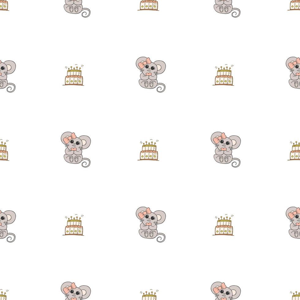 Hand drawn cute animals. Seamless pattern. A mouse with a pink bow and a heart, cake with candles. White background. Vector. vector