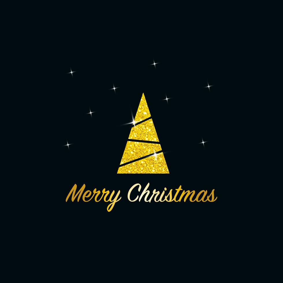 Sparkling Christmas Tree. Golden Metallic glitter icon on a dark blue background. Merry Christmas and Happy New Year 2022. Vector illustration.