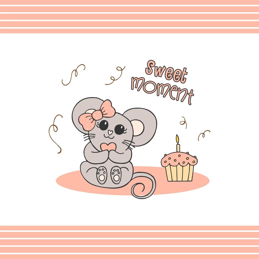 Hand drawn cute animals with lettering. A mouse with a pink bow and a heart. Cupcake with candle. Sweet moment. White background. Vector. vector