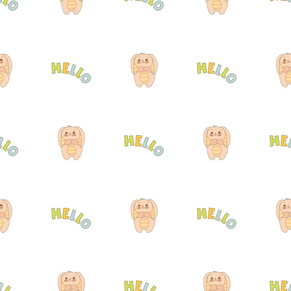 Hand drawn cute animals. Seamless pattern. A bunny with striped ears and a belly. Hello. White background. Vector. vector