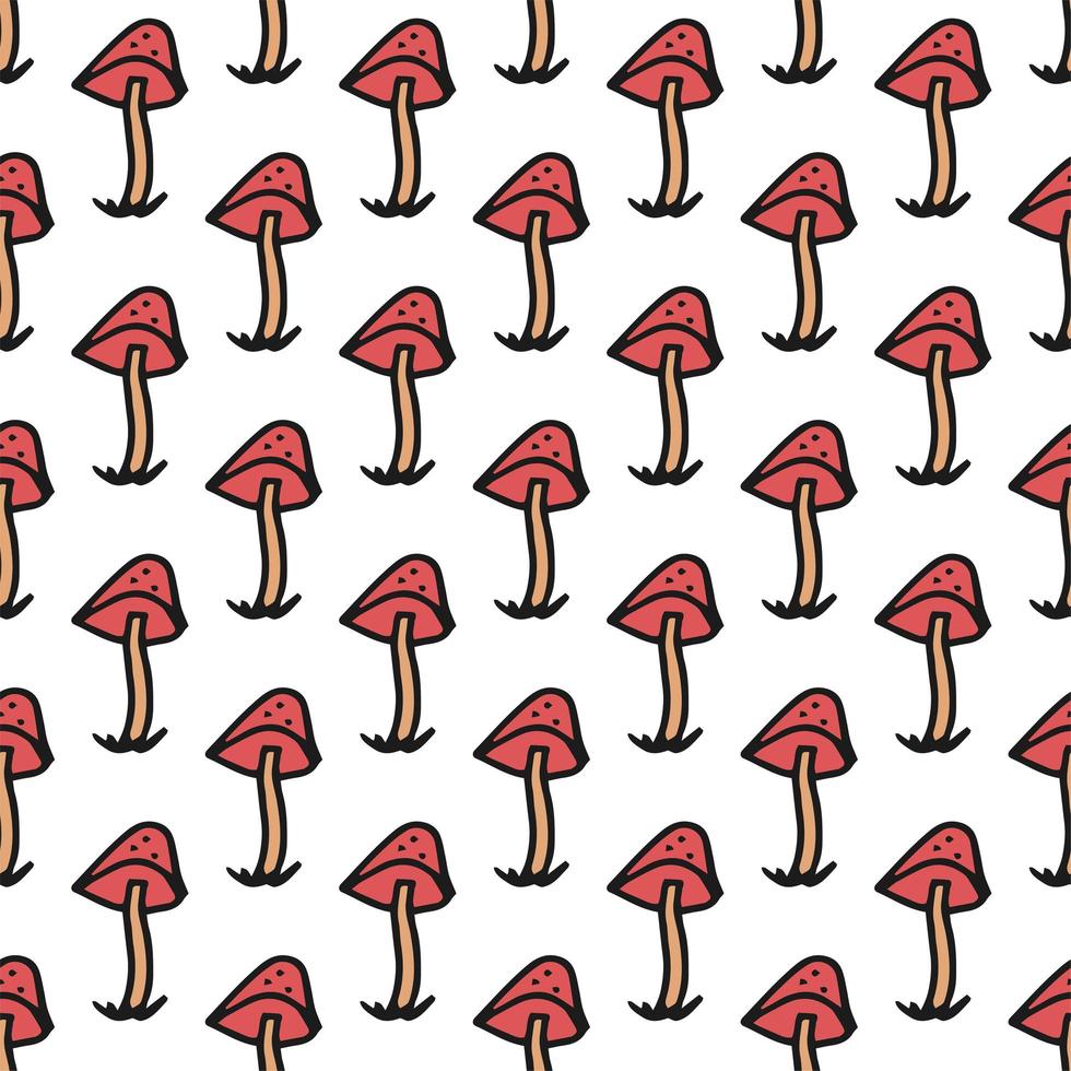 Seamless pattern. Doodle style hand drawn. Nature, animals and elements. Red fly agarics on a white background. vector