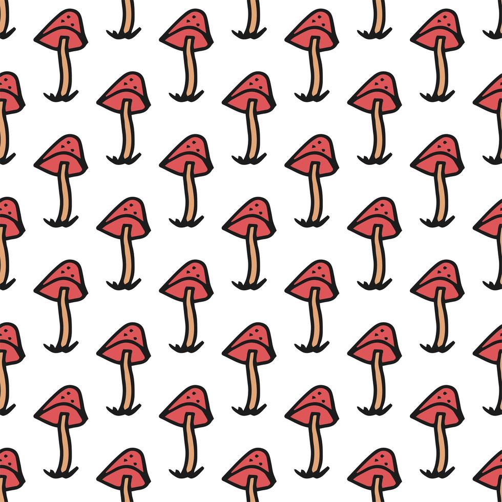 Seamless pattern. Doodle style hand drawn. Nature, animals and elements. Red fly agarics on a white background. vector