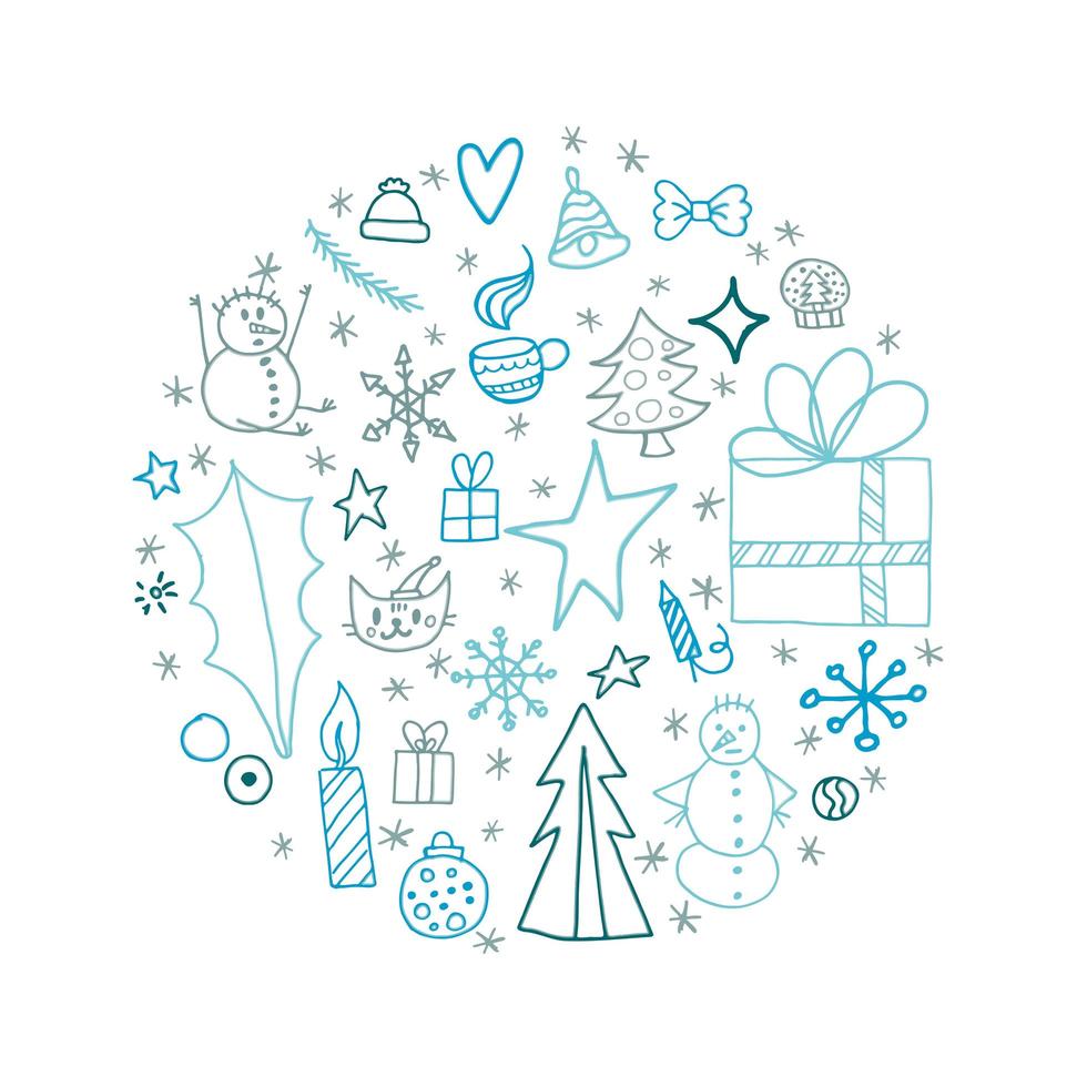 conjunto de elementos de doodle de invierno. objetos dibujados a mano azules en forma de círculo sobre un fondo blanco. feliz navidad y próspero año nuevo 2022. vector