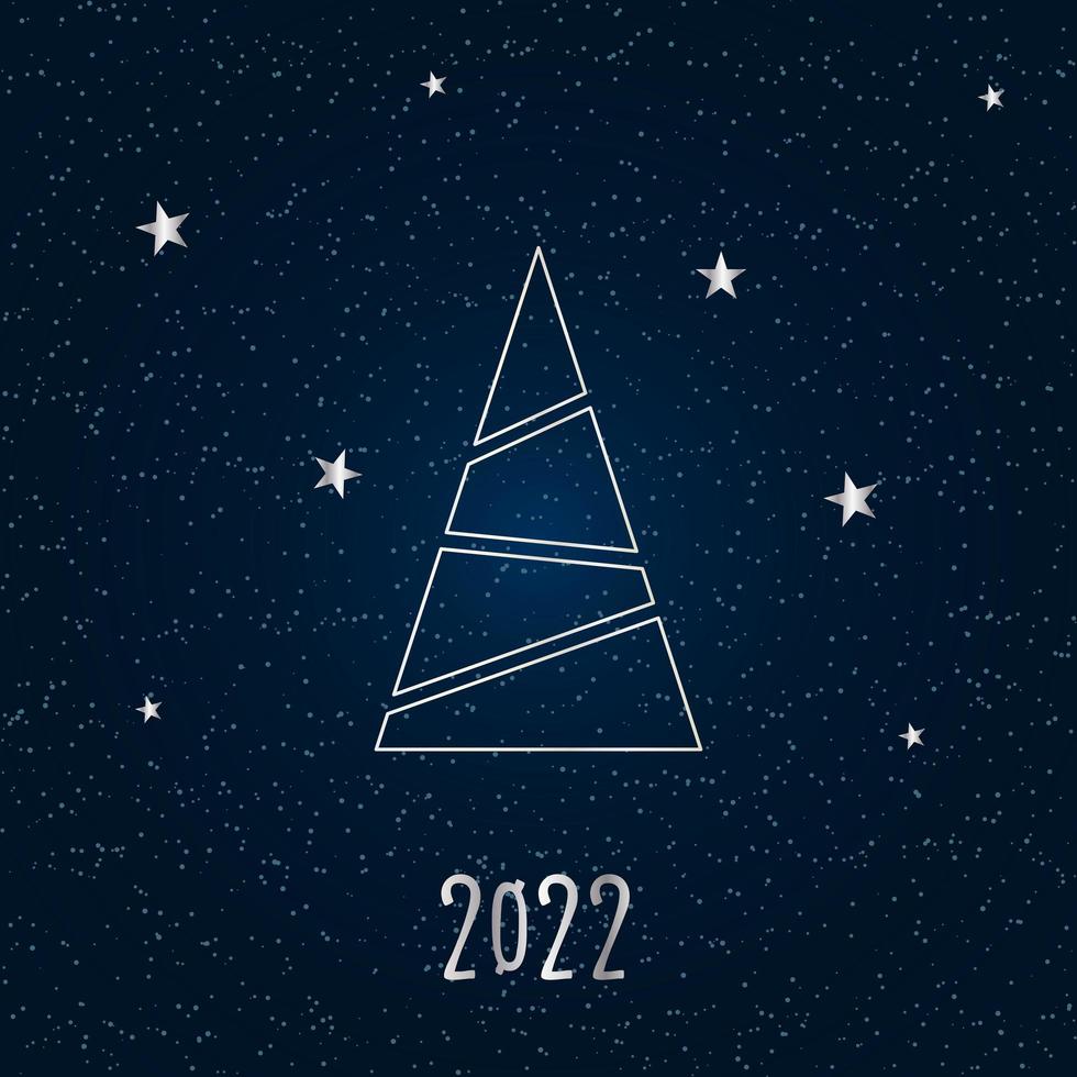 Silver silhouette of a Christmas tree with snow and stars on a dark blue background. Merry Christmas and Happy New Year 2022. Vector illustration.