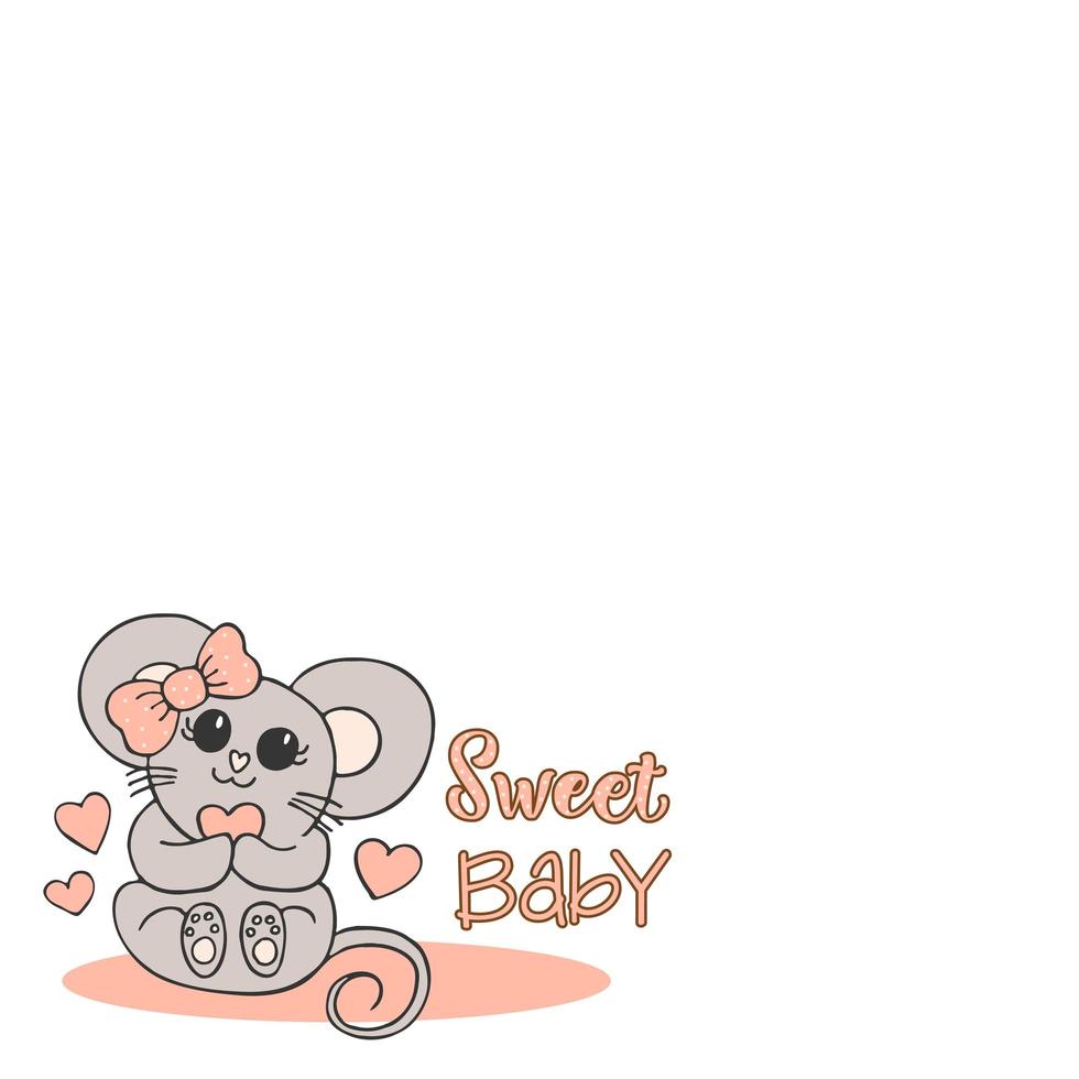 Hand drawn cute animals with lettering. A mouse with a pink bow and a heart. Sweet baby. White background. Vector. vector