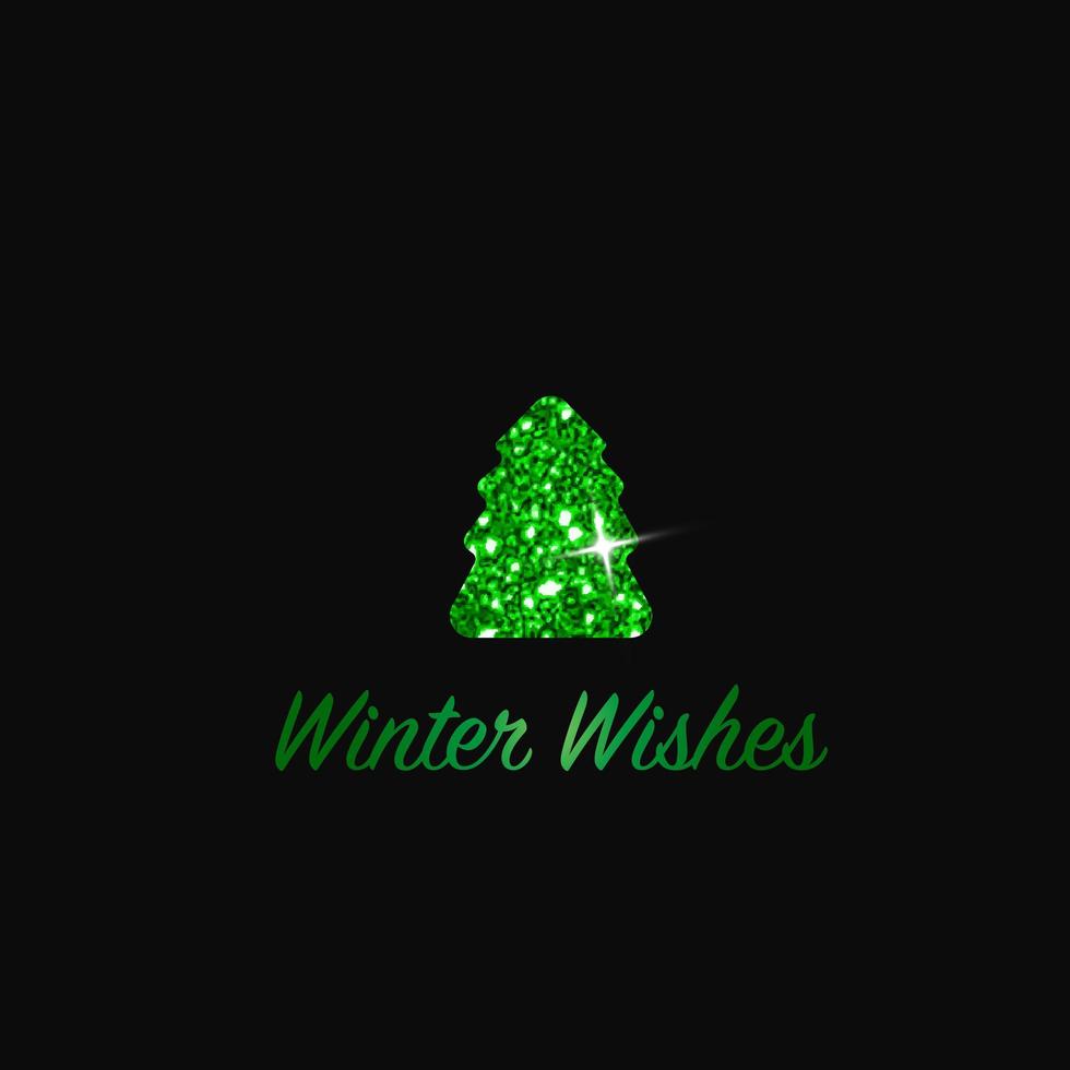Sparkling Christmas Tree. Green Metallic glitter icon on a dark background. Merry Christmas and Happy New Year 2022. Vector illustration. Winter Wishes.
