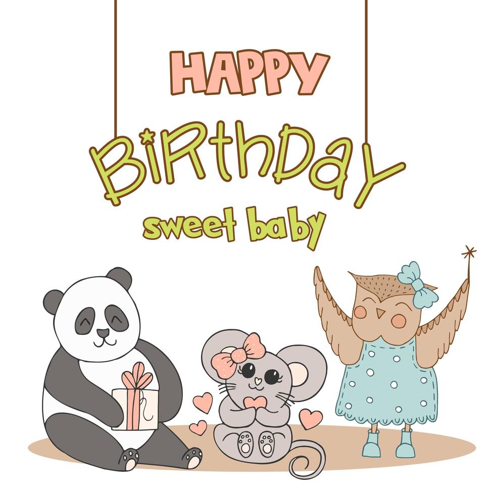 animales lindos dibujados a mano con letras. panda, ratón con lazo rosa y corazón, búho con vestido azul con lunares y botas y regalo. mejores amigos. feliz cumpleaños. vector. vector