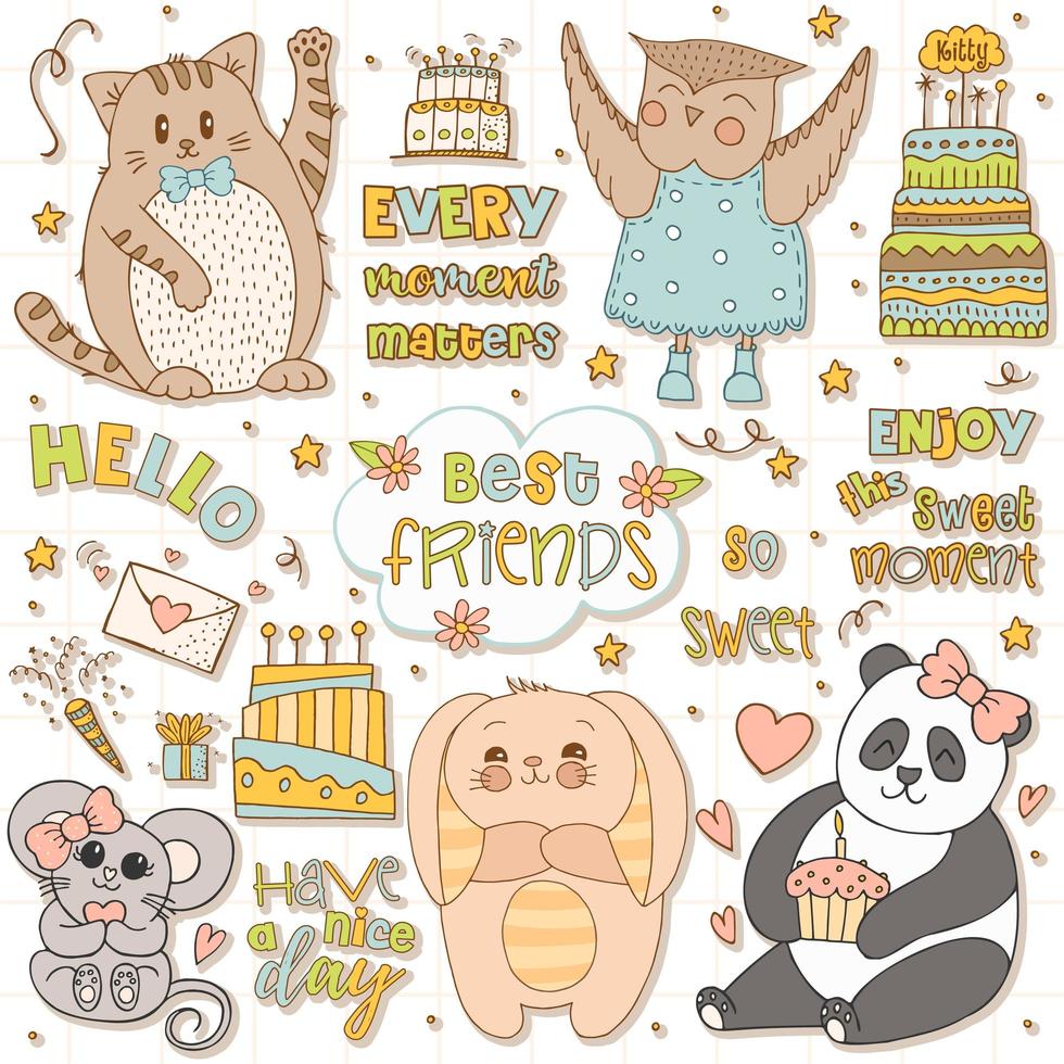 Hand drawn cute animals with lettering. Cat, Panda, Bunny with striped ears and a belly, Mouse with a pink bow and a heart, Owl in a blue dress with polka dots and boots. Gift and cake with candles. vector