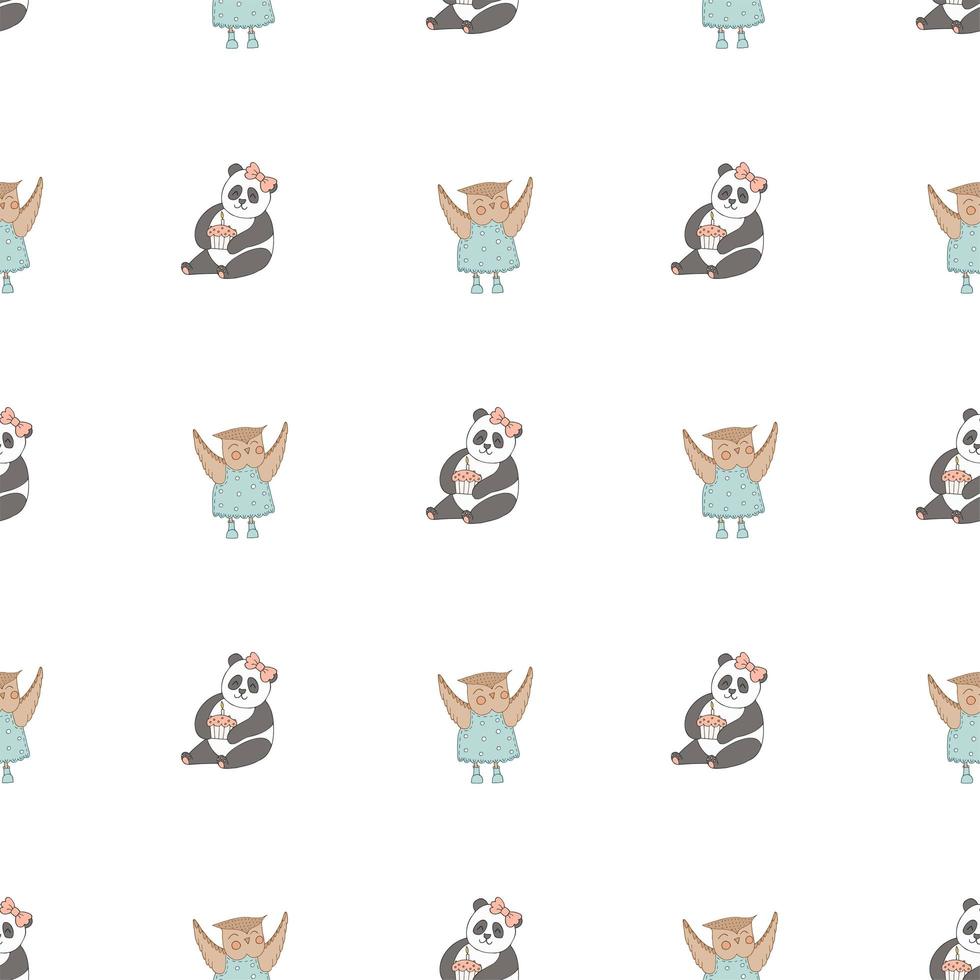 Hand drawn cute animals. Seamless pattern. Panda, Owl in a blue dress with polka dots and boots. Cupcake with candle. Best Friends. White background. Vector. vector