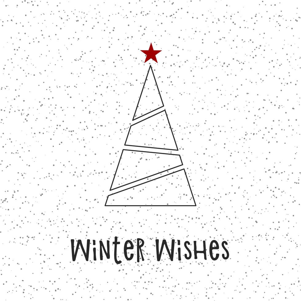 Black silhouette of a Christmas tree with gray snow and red star. Merry Christmas and Happy New Year 2022. Vector illustration. Winter Wishes.