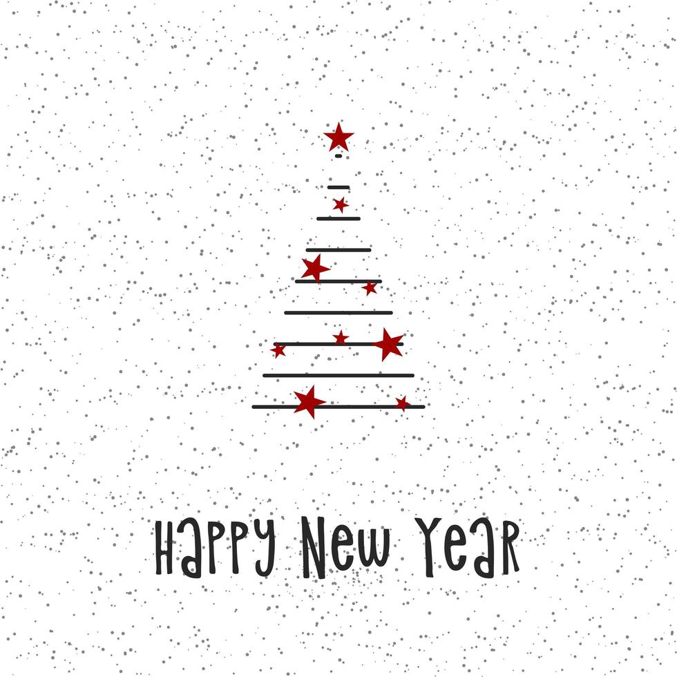 Black silhouette of a Christmas tree with gray snow and red stars. Merry Christmas and Happy New Year 2022. Vector illustration.