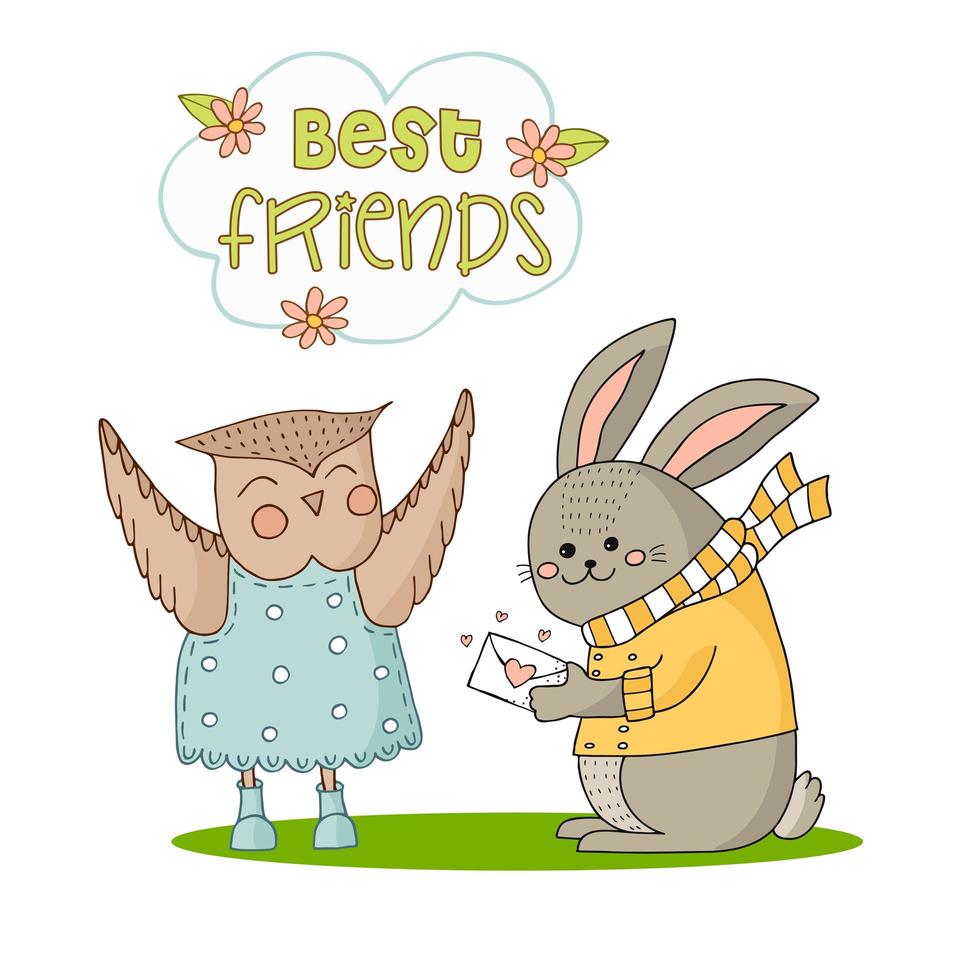 Funny bunny in a yellow jacket and striped scarf with an envelope with a heart and owl in a blue polka dot dress. Hand-drawn doodle illustration. Best Friends. vector