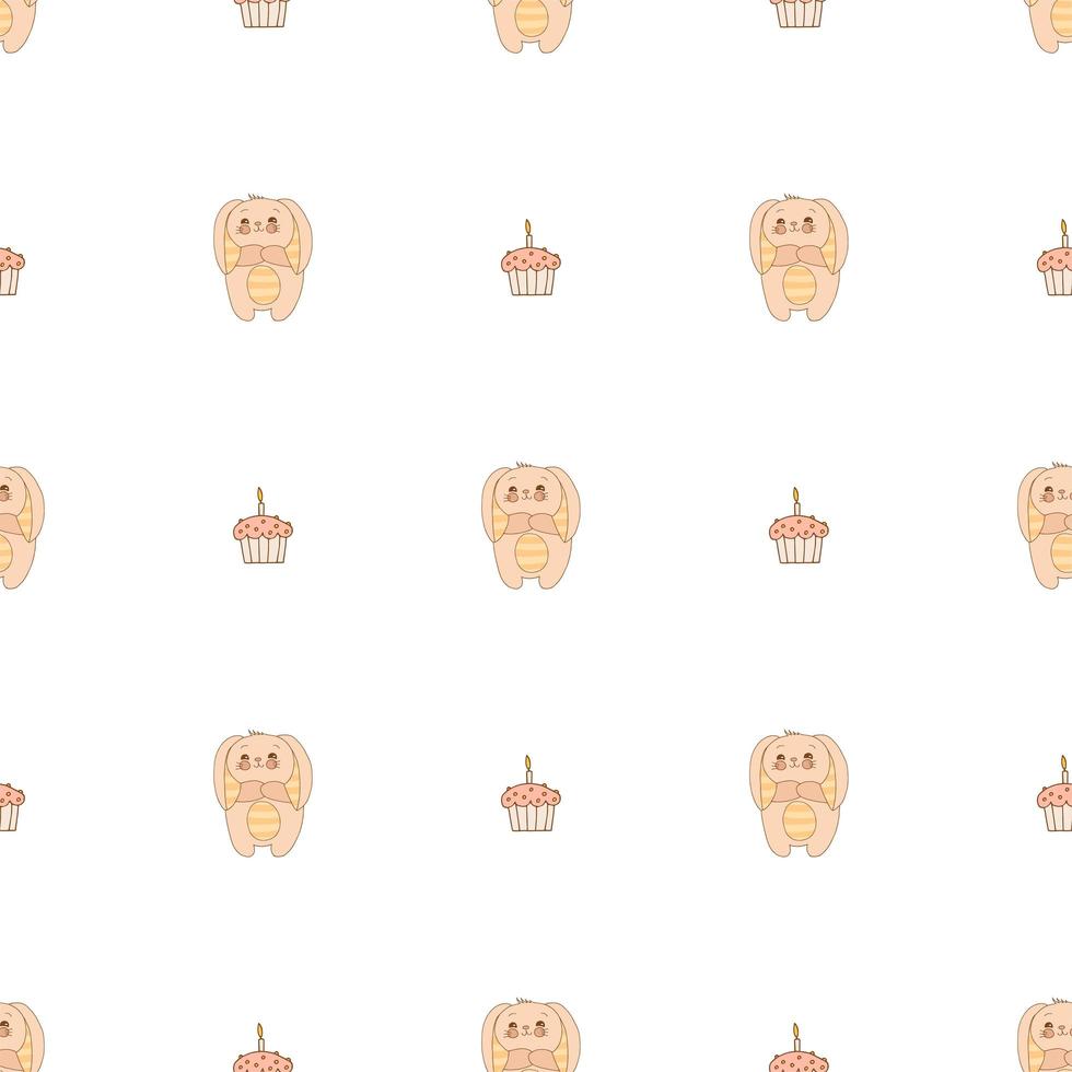 Hand drawn cute animals. Seamless pattern. A bunny with striped ears and a belly, cupcake with candle. White background. Vector. vector