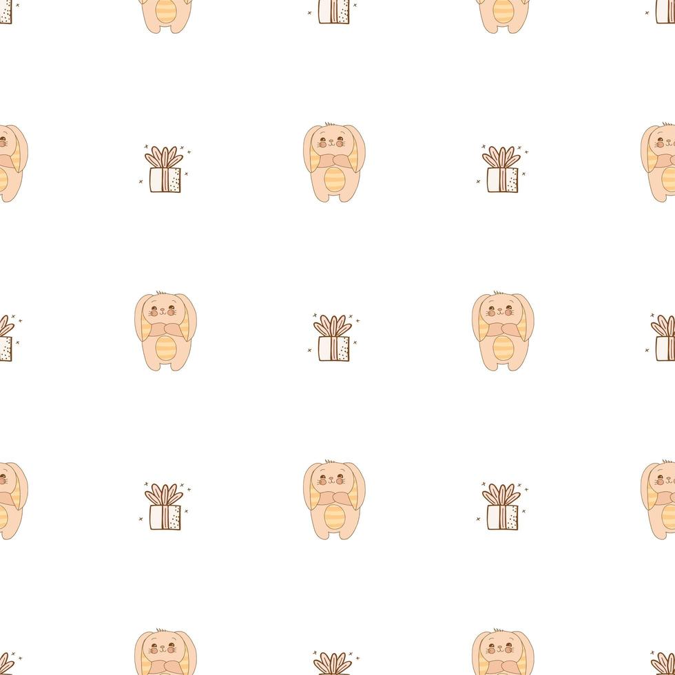 Hand drawn cute animals. Seamless pattern. A bunny with striped ears and a belly, gift. White background. Vector. vector