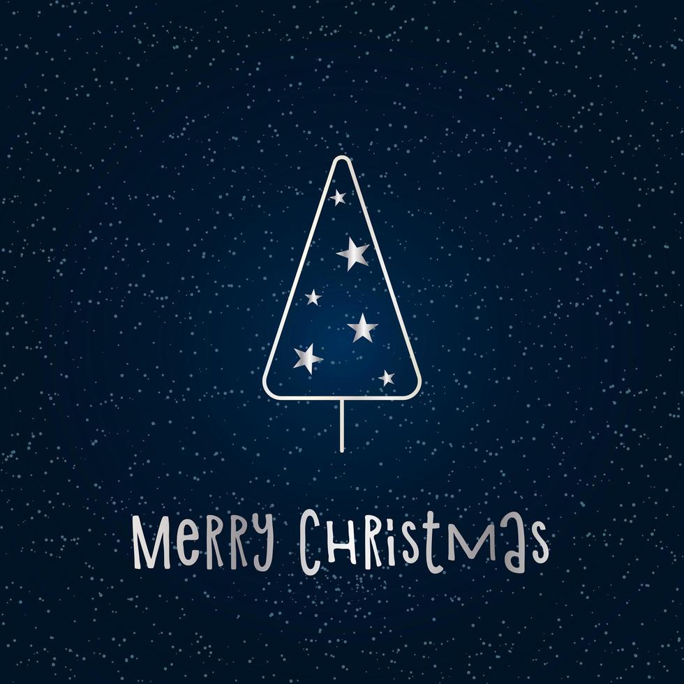 Silver silhouette of a Christmas tree with snow and stars on a dark blue background. Merry Christmas and Happy New Year 2022. Vector illustration.