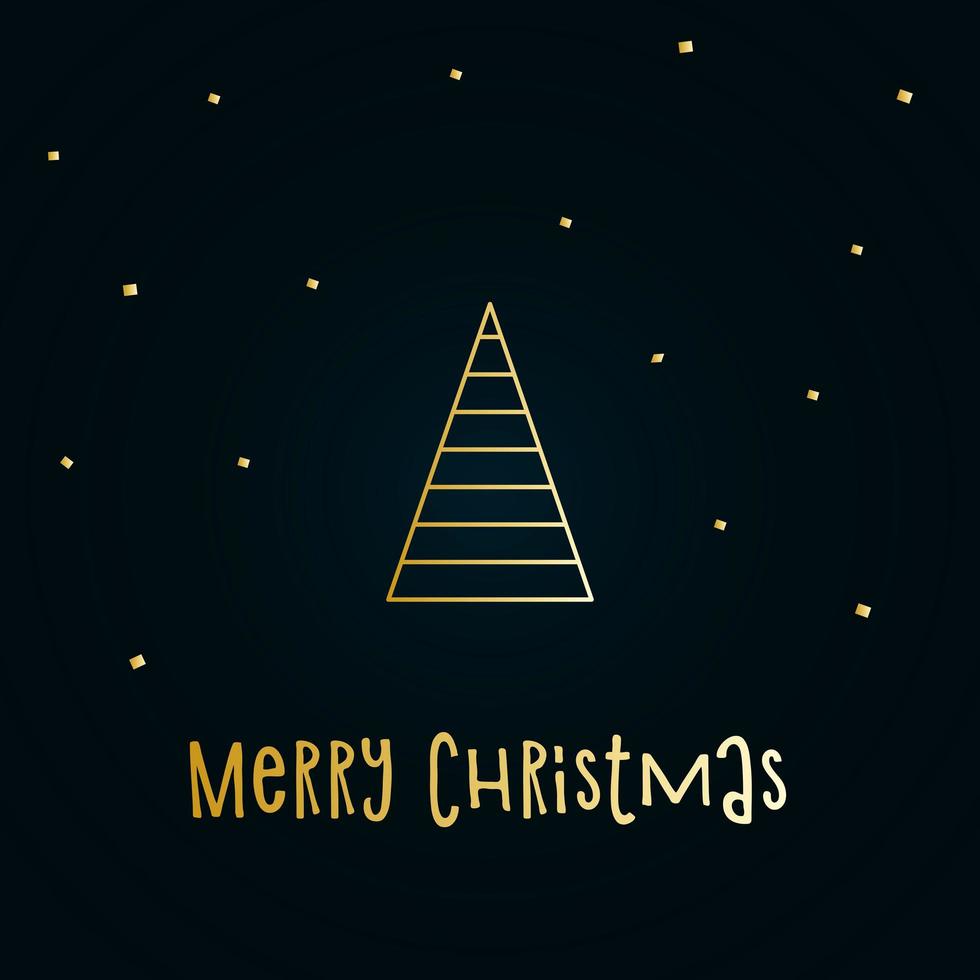 Golden silhouette of a Christmas tree with snow on a dark blue background. Merry Christmas and Happy New Year 2022. Vector illustration.