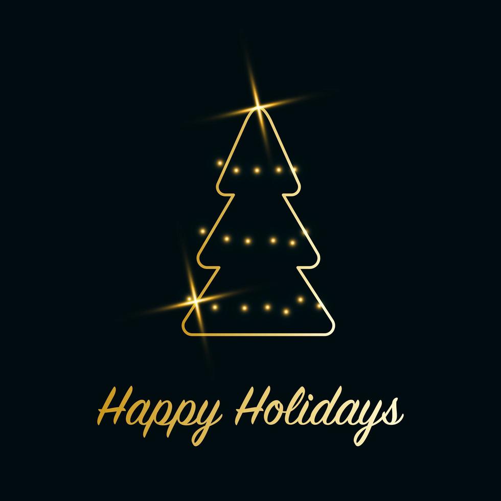 Sparkling Christmas Tree with shiny dust. Golden metallic outline icon on a dark blue background. Merry Christmas and Happy New Year 2022. Golden Metallic. Vector illustration. Happy Holidays.