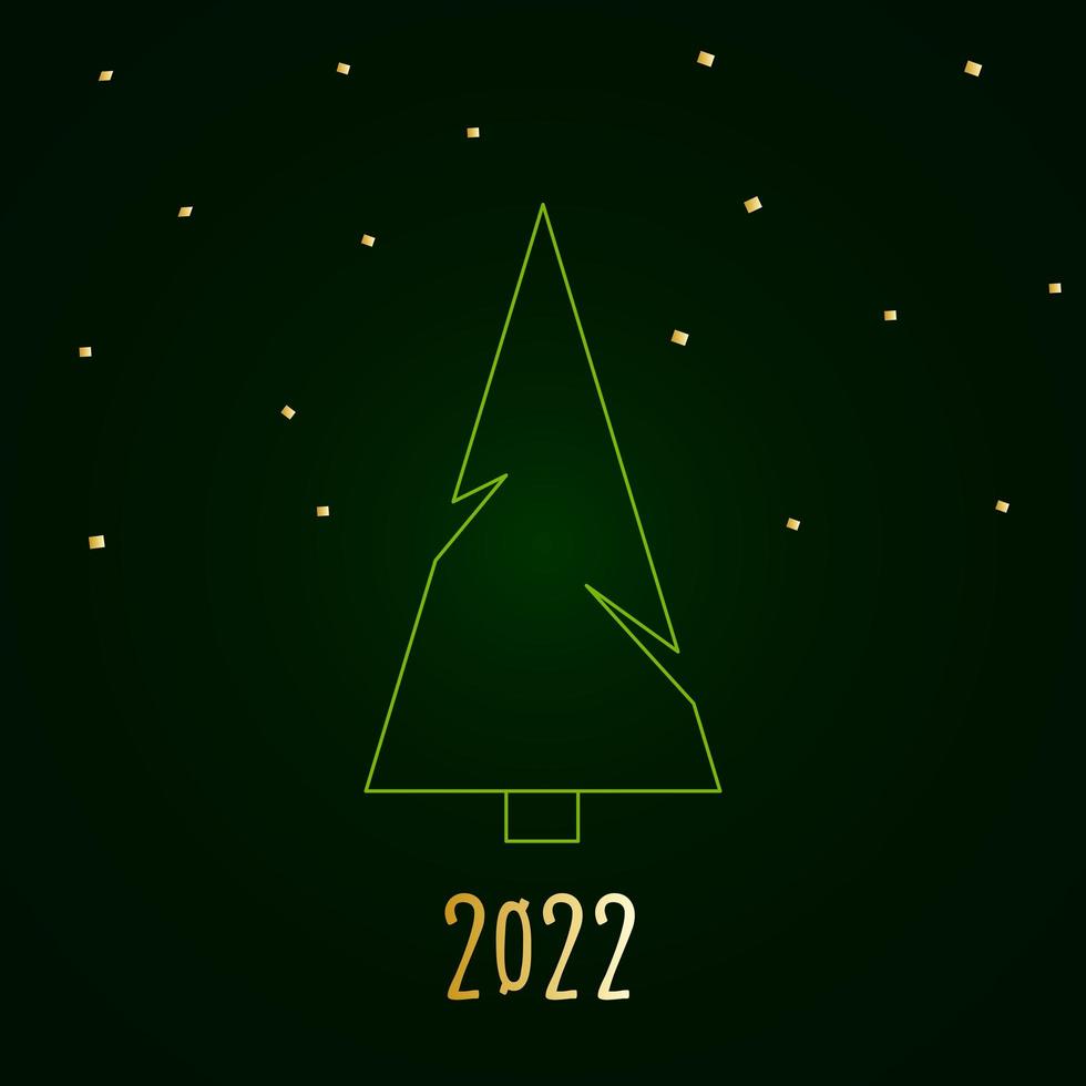 Green silhouette of a Christmas tree with snow and golden stars. Merry Christmas and Happy New Year 2022. Vector illustration.