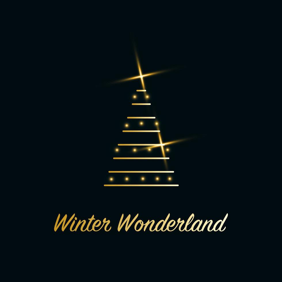 Sparkling Christmas Tree with shiny dust. Golden metallic outline icon with stars on a dark blue background. Merry Christmas and Happy New Year 2022. Golden Metallic. Winter Wonderland. vector