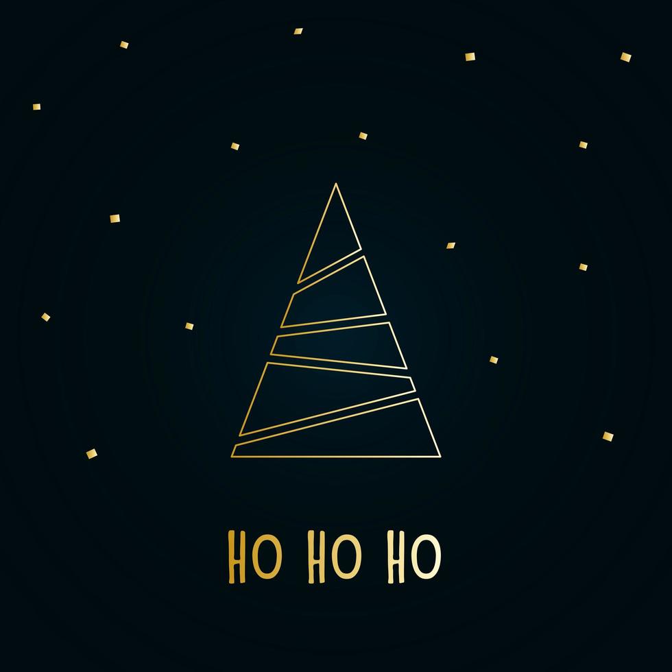 Golden silhouette of a Christmas tree with snow on a dark blue background. Merry Christmas and Happy New Year 2022. Vector illustration. Ho ho ho.