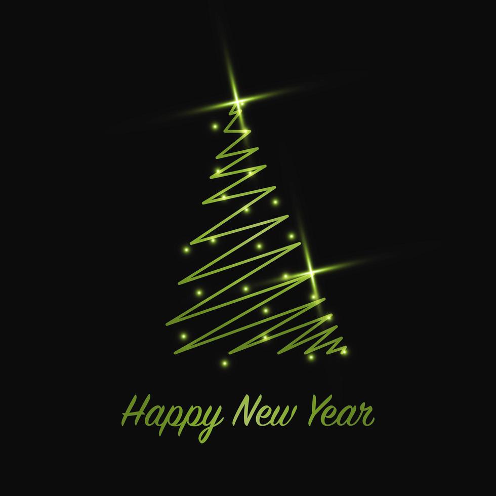 Sparkling Christmas Tree with shiny dust. Green Metallic outline icon on a dark background. Merry Christmas and Happy New Year 2022. Vector illustration.